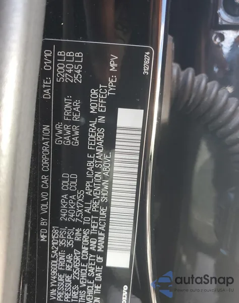 2010 Volvo Xc60 3.2 из США, поврежденный, VIN YV4960DL5A2101581